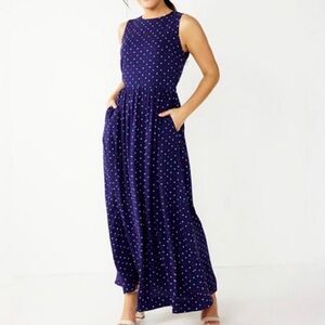 Draper James RSVP Navy Blue Rayon Pink Red White Polka Dot Maxi Dress Pockets S